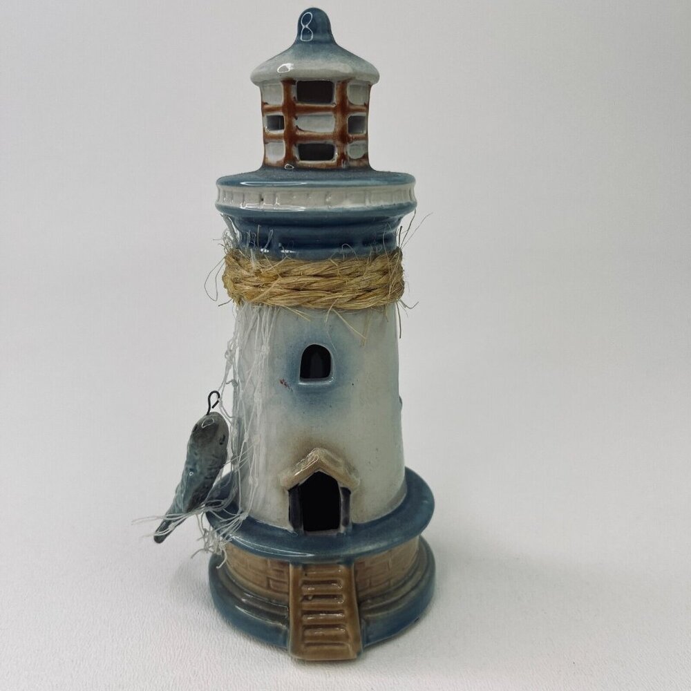 Porcelain Nautical Lighthouse  Blue White Hanging Fish and Net 6" Tall
